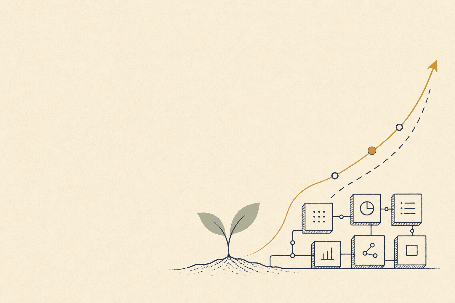 A seedling beside connected data blocks and an upward path, representing strong foundations and growing capability