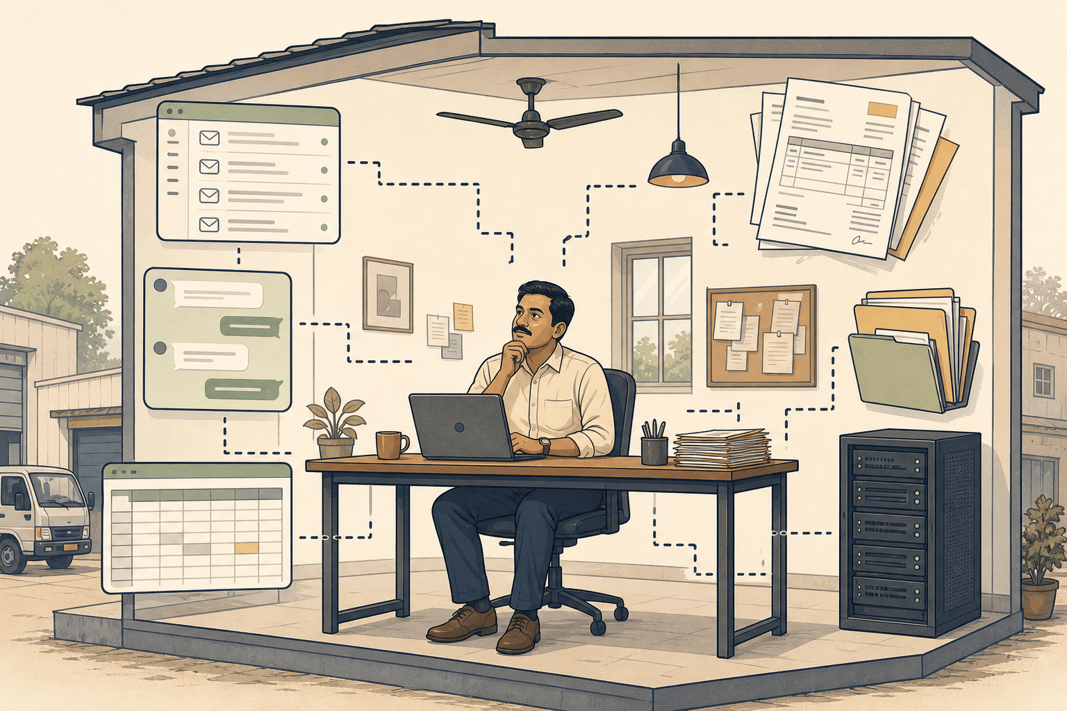 A business back office with information fragmented across messages, spreadsheets, paper records, folders, and a legacy server