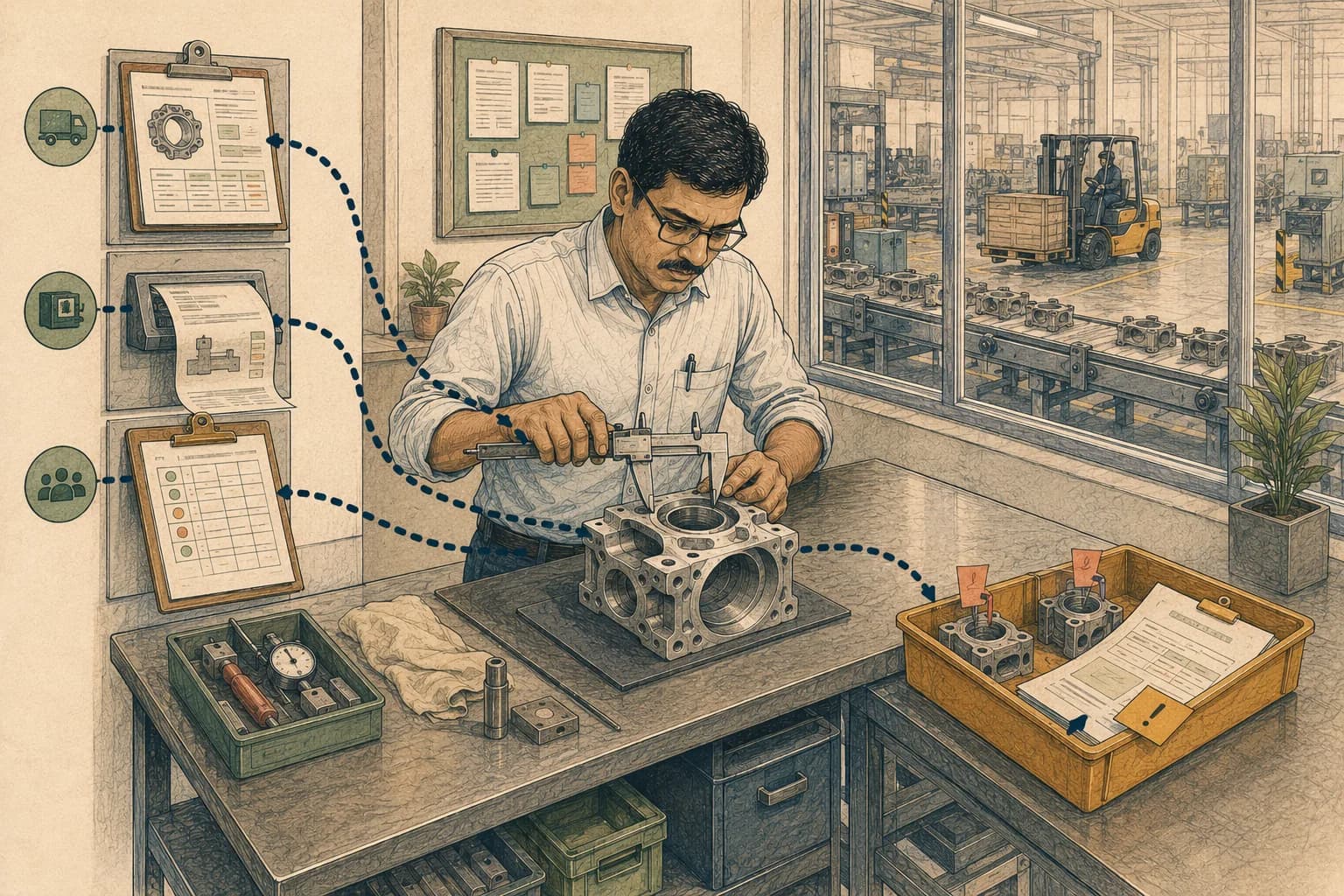 Quality engineer reviewing inspection records, a measured component, and an exception tray in a manufacturing office.